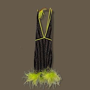 Black bling lime green feathered bottom dress